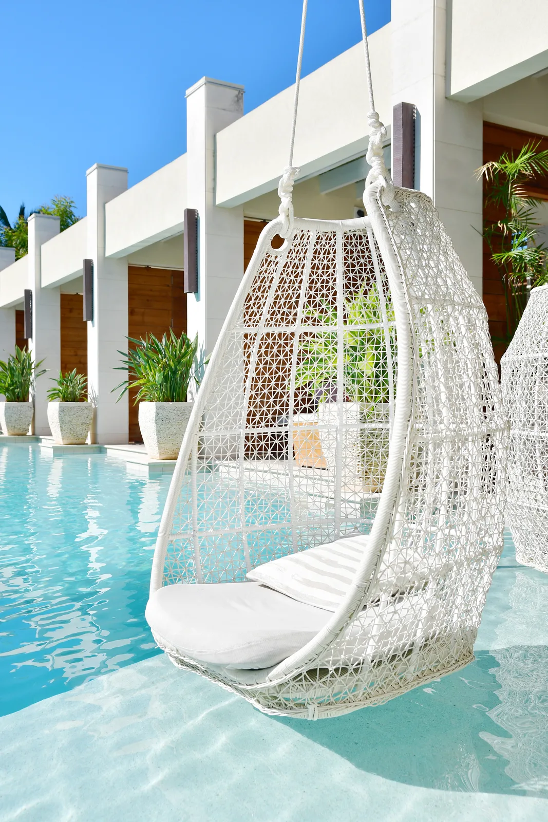 A hanging chair over the pool