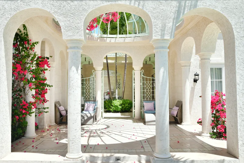 Arches and bougainvillea in the courtyard