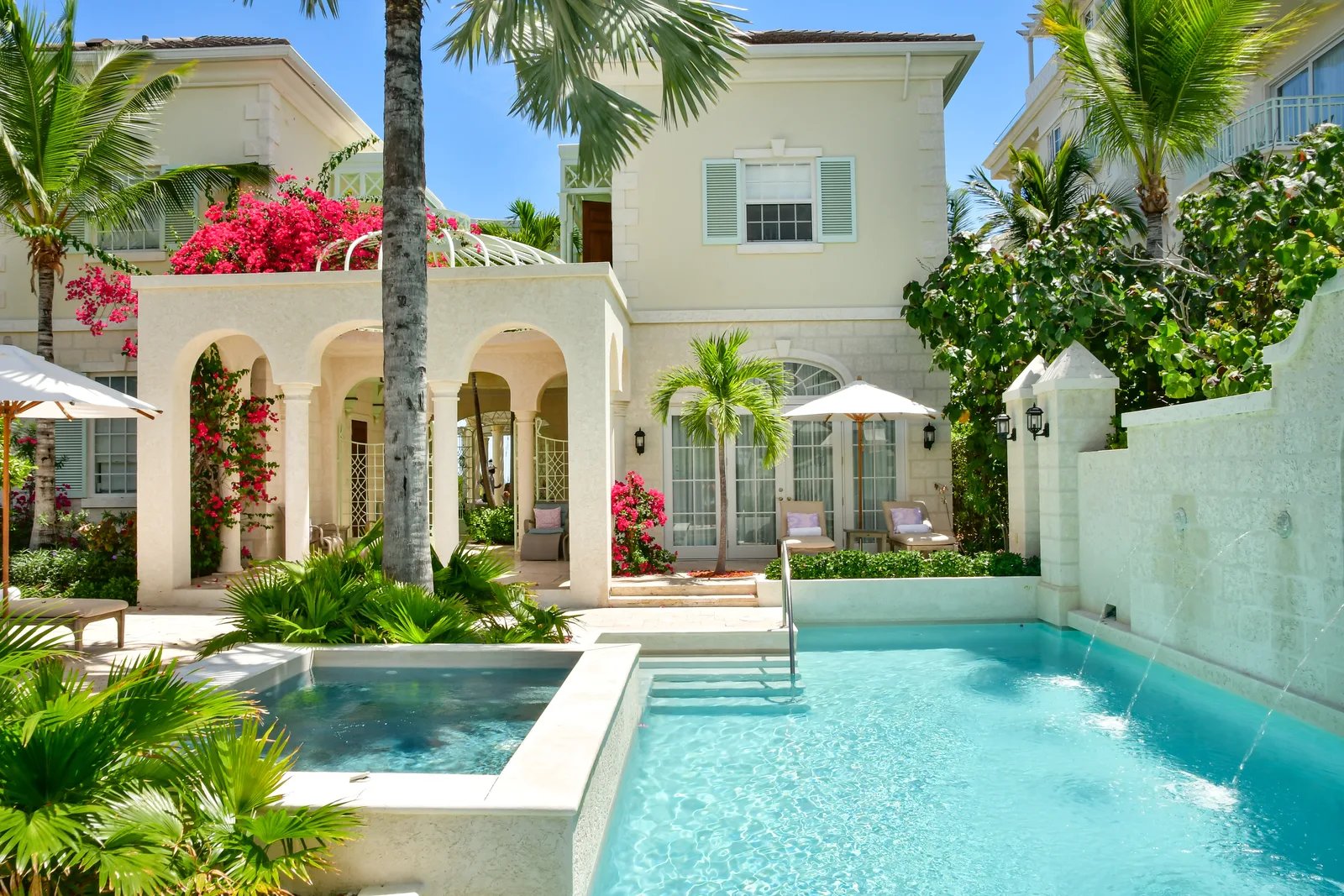 The private infinity pool of Villa One, with the house and its palms behind